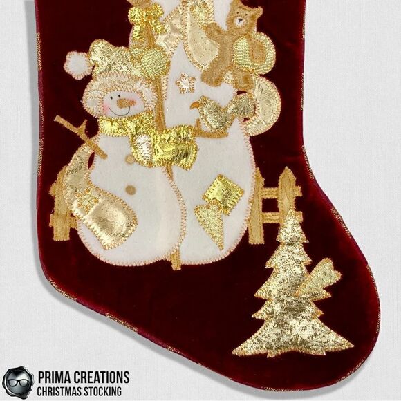 VINTAGE CHRISTMAS STOCKING SNOWMAN PARENT & CHILD IN RED VELVET & GOLD APPLIQUÉ - Picture 7 of 15